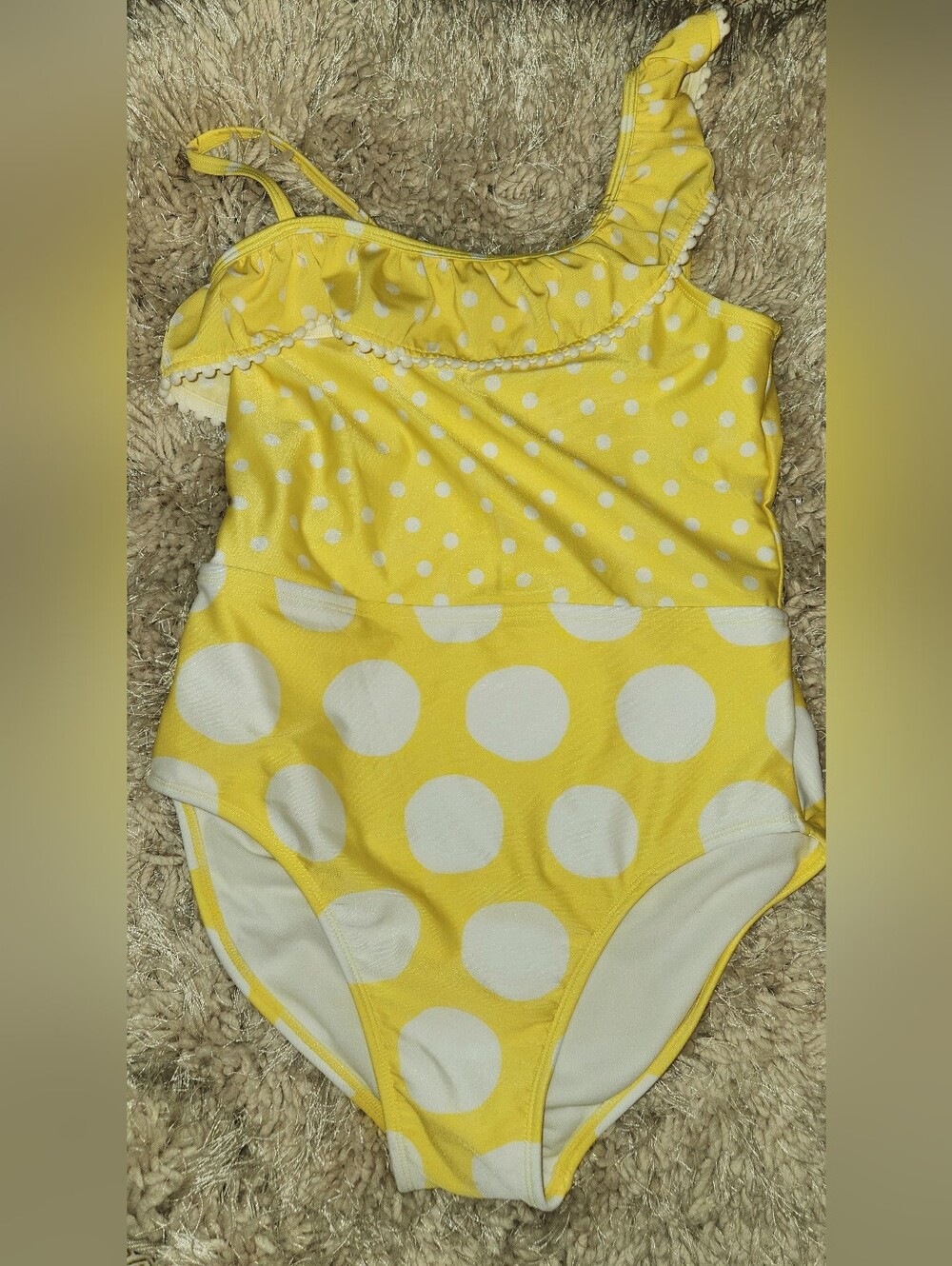 NEW - GIRL'S YELLOW POLKA DOT ONE SHOULDER RUFFLE SWIMSUIT (SIZE 14/16)